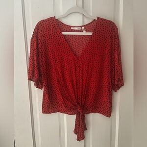 LUQ Red Black Polka Dot Tie Front Crop Top Size Medium